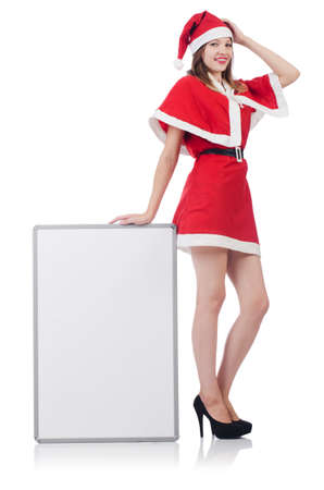 Young woman in red santa costume on whiteの写真素材