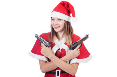 Young woman in red santa costume on whiteの写真素材