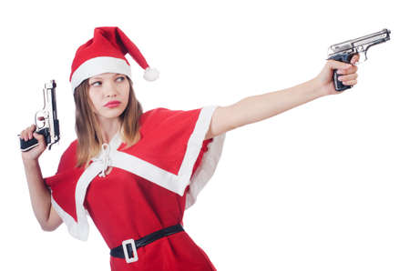 Young woman in red santa costume on whiteの写真素材