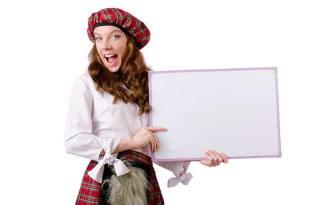 Scottish woman with board on whiteの写真素材