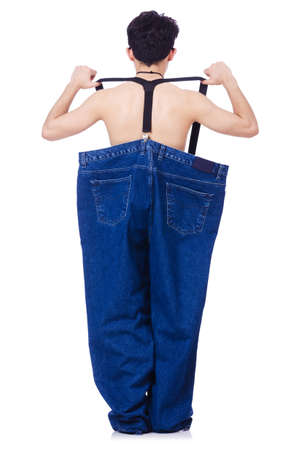 Funny man with trousers isolated on whiteの写真素材