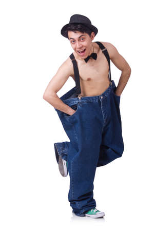 Funny man with trousers isolated on whiteの写真素材