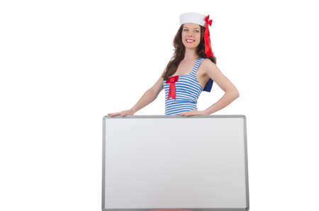 Young woman with blank board on whiteの写真素材