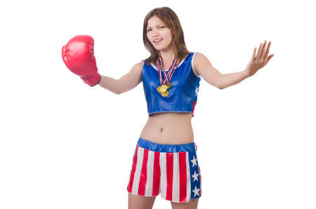 Woman boxer in uniform with US symbolsの写真素材