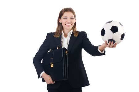 Businesswoman with ball on whiteの写真素材