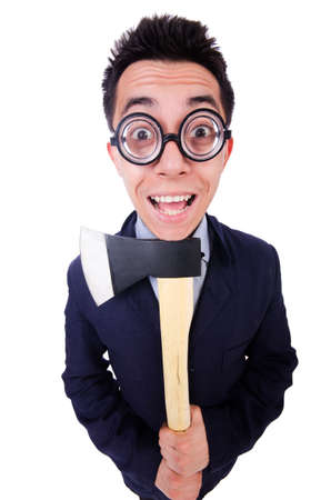 Funny businessman with axe on whiteの写真素材