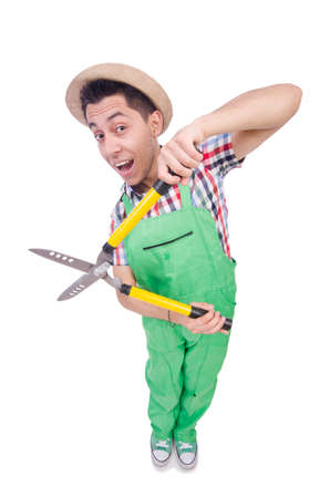 Funny man with shears on whiteの写真素材