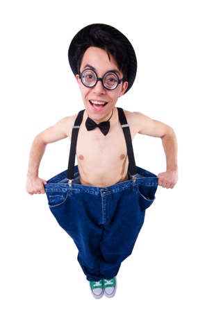 Funny man with trousers isolated on whiteの写真素材