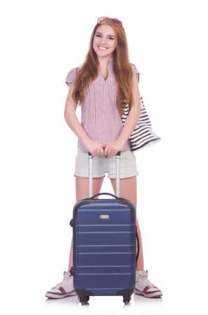 Young girl travelling isolated on the whiteの写真素材