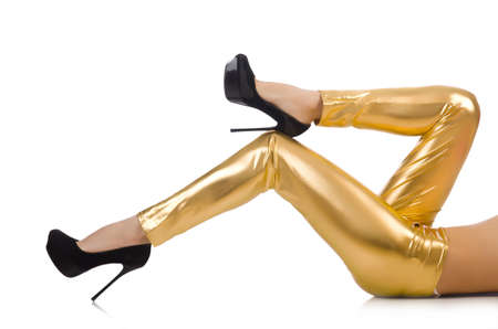 Woman legs with stockings on whiteの写真素材