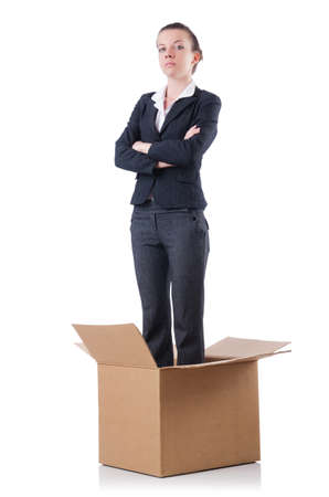 Woman with boxes on whiteの写真素材