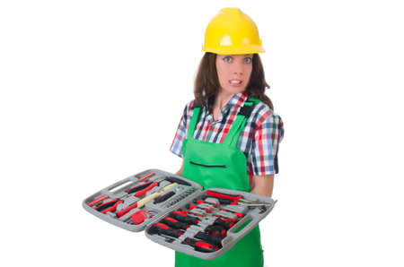 Young woman with toolkit on white