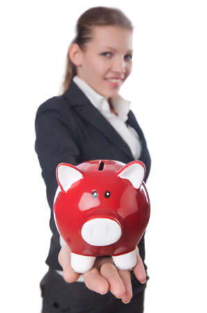 Woman businesswoman with piggybank on whiteの写真素材