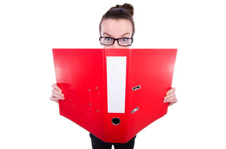 Funny businesswoman with red folder on whiteの写真素材