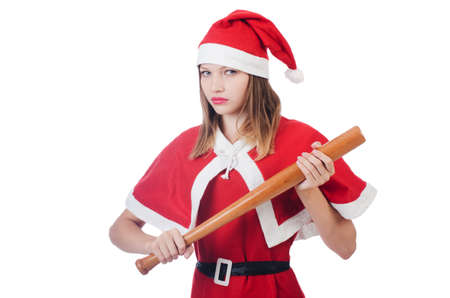 Young woman in red santa costume on whiteの写真素材