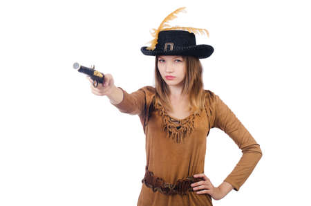 Woman pirate with gun isolated on white