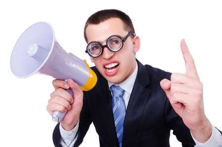 Funny man with loudspeaker on whiteの写真素材