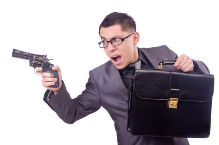 Funny businessman with gun on whiteの写真素材