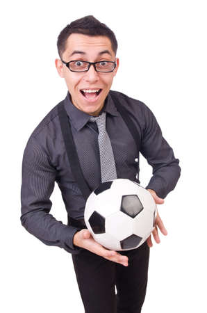 Funny man with football isolated on whiteの写真素材