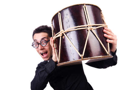 Funny man with drum on whiteの写真素材