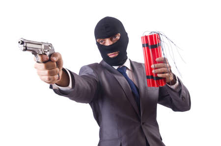 Terrorist with dynamite isolated on whiteの写真素材