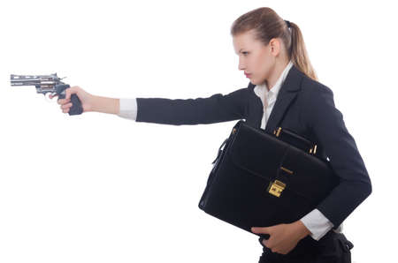 Woman businesswoman with gun on whiteの写真素材