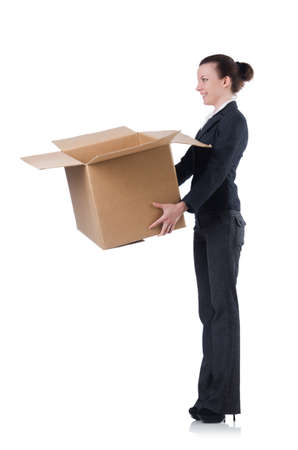 Woman businesswoman with boxes on whiteの写真素材