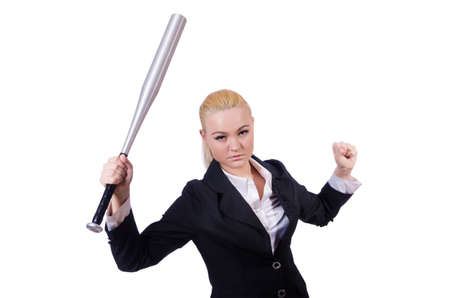 Businesswoman with baseball bat on whiteの写真素材