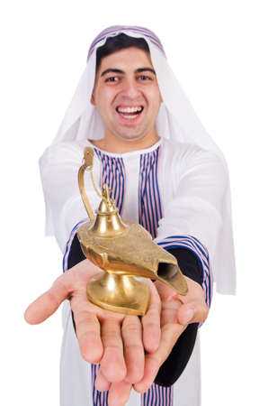 Arab man with lamp isolated on whiteの写真素材