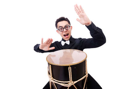 Funny man with drum on whiteの写真素材