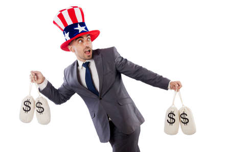 Man with dollar sacks on whiteの写真素材