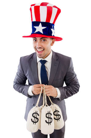 Man with dollar sacks on whiteの写真素材