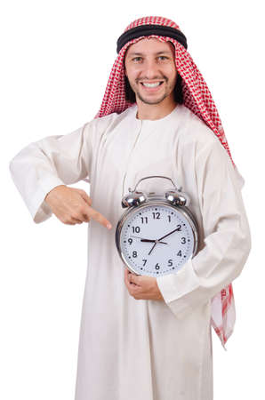 Arab man in time concept on whiteの写真素材