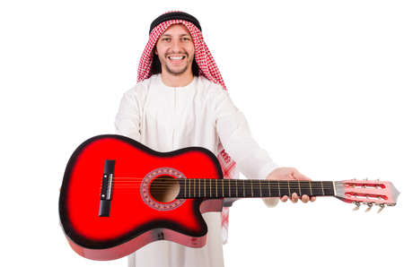 Arab man playing guitar isolated on whiteの写真素材