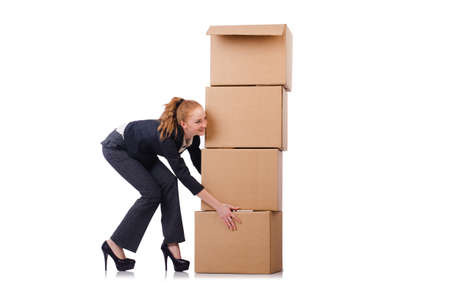 Woman businesswoman with boxes on whiteの写真素材