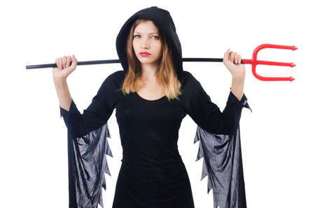 Woman devil with trident isolated on white