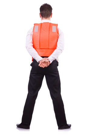 Man in life jacket isolated on whiteの写真素材