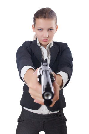 Woman businesswoman with gun on whiteの写真素材