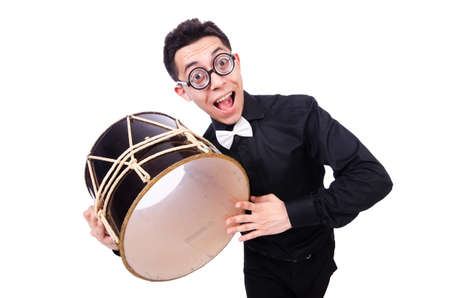 Funny man with drum on whiteの写真素材