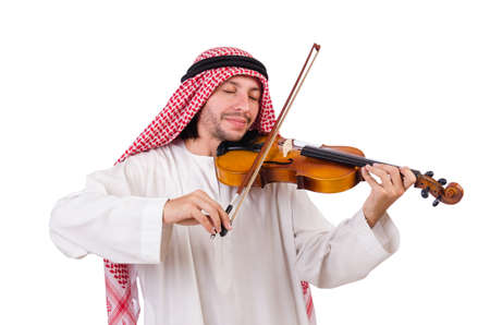 Arab man playing violing on whiteの写真素材