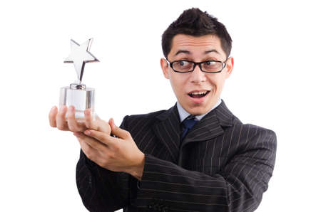 Funny guy receiving award on whiteの写真素材
