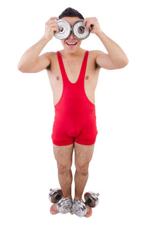 Funny guy exercising with dumbbells on whiteの写真素材