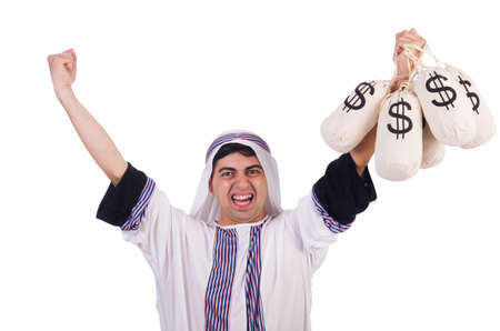 Arab man with money sacks isolated on whiteの写真素材