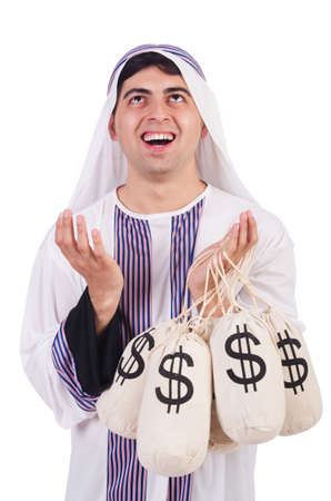 Arab man with money sacks isolated on whiteの写真素材
