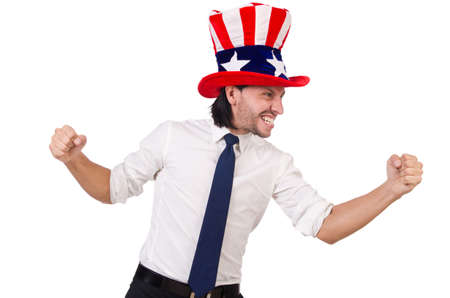 Man with american flag isolated on whiteの写真素材
