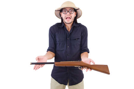 Funny hunter wearing safari hatの写真素材