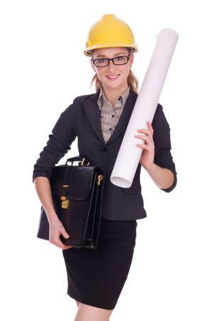 Young architect with drawings on whiteの写真素材