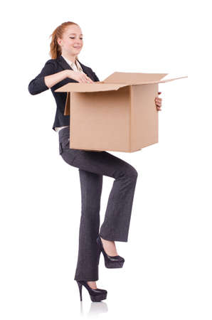 Woman businesswoman with boxes on whiteの写真素材