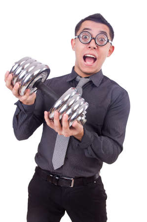 Funny businessman with dumbbells isolated on whiteの写真素材