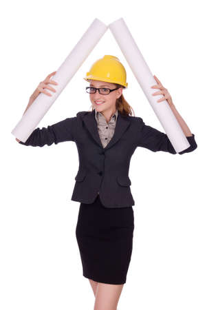 Young architect with drawings on whiteの写真素材